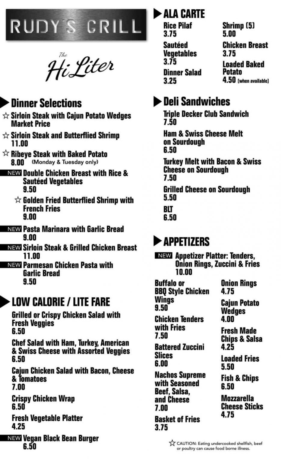 Rudy’s Menu Hi Liter Gentlemen's Club